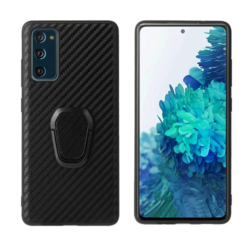For Samsung Galaxy S20 FE 4G/5G/S20 Lite/S20 FE 2022 PU Leather Coated Phone Cover Shell + Ring-Shape Kickstand - Carbon Fiber Texture - 1