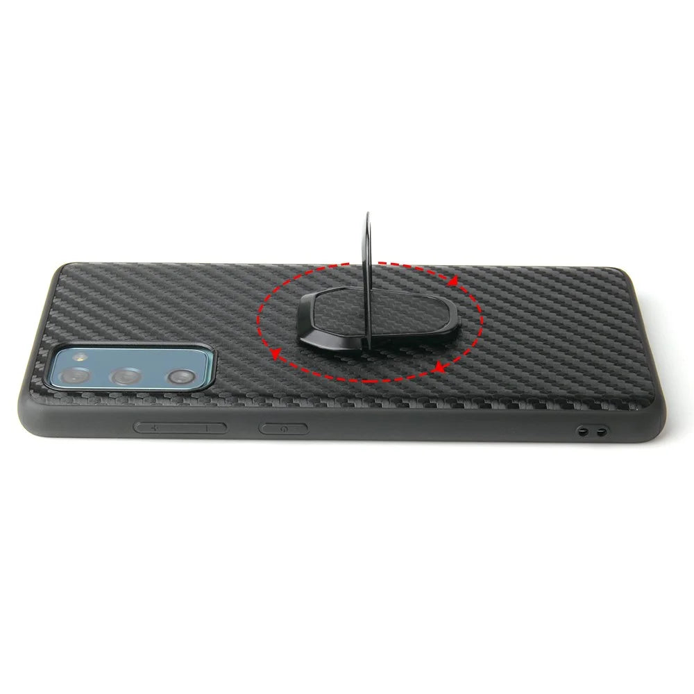 For Samsung Galaxy S20 FE 4G/5G/S20 Lite/S20 FE 2022 PU Leather Coated Phone Cover Shell + Ring-Shape Kickstand - Carbon Fiber Texture - 3