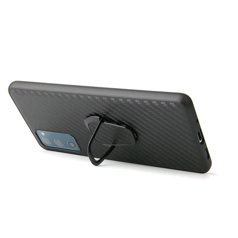 For Samsung Galaxy S20 FE 4G/5G/S20 Lite/S20 FE 2022 PU Leather Coated Phone Cover Shell + Ring-Shape Kickstand - Carbon Fiber Texture - 4