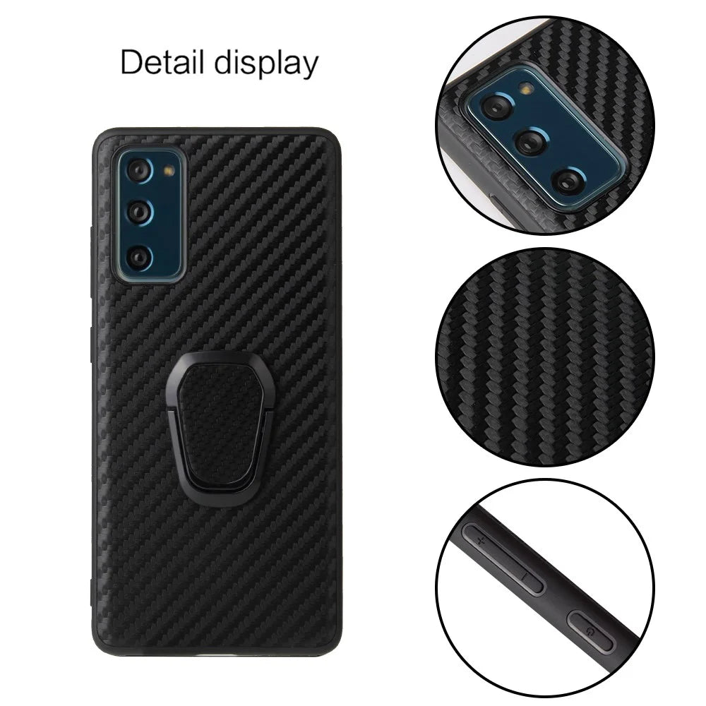 For Samsung Galaxy S20 FE 4G/5G/S20 Lite/S20 FE 2022 PU Leather Coated Phone Cover Shell + Ring-Shape Kickstand - Carbon Fiber Texture - 6