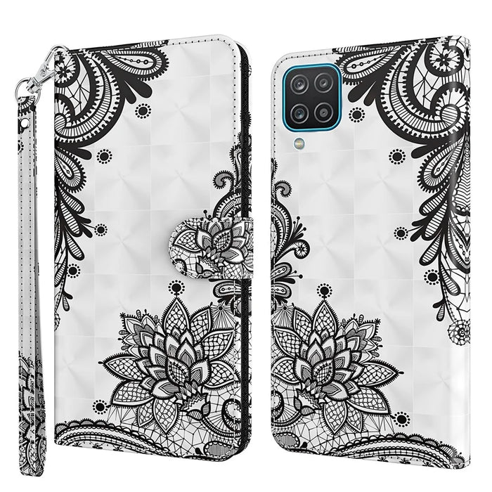 Supporting Stand Anti-scratch Shockproof Leather Case Pattern Printing Cover with Lanyard for Samsung Galaxy A12 - Lace Flower - 1