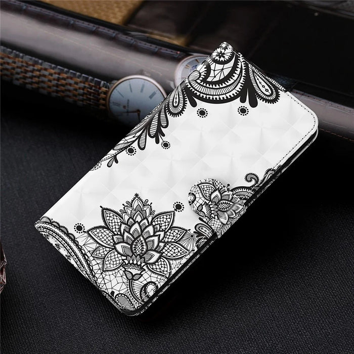 Supporting Stand Anti-scratch Shockproof Leather Case Pattern Printing Cover with Lanyard for Samsung Galaxy A12 - Lace Flower - 6