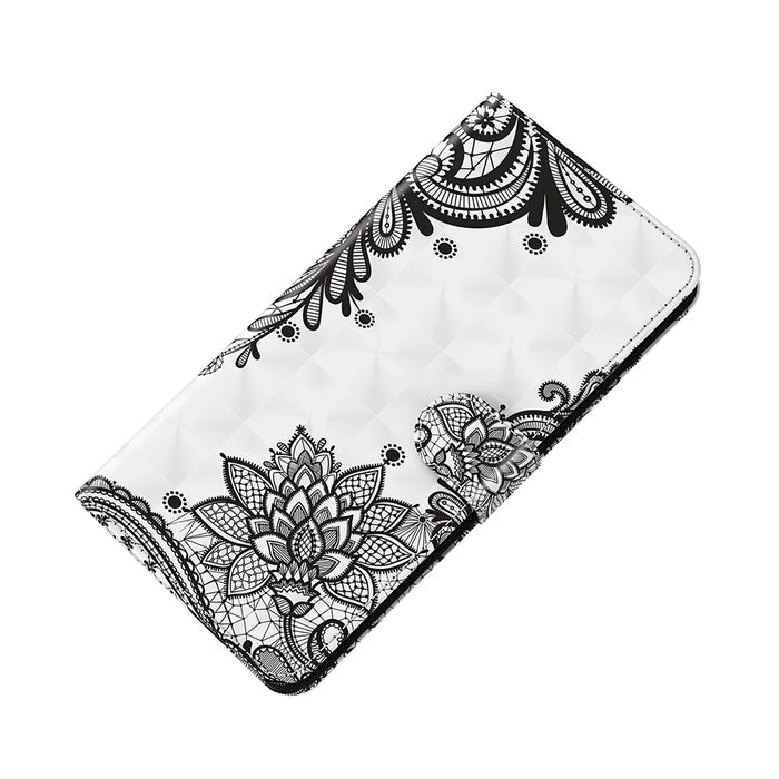 Supporting Stand Anti-scratch Shockproof Leather Case Pattern Printing Cover with Lanyard for Samsung Galaxy A12 - Lace Flower - 7