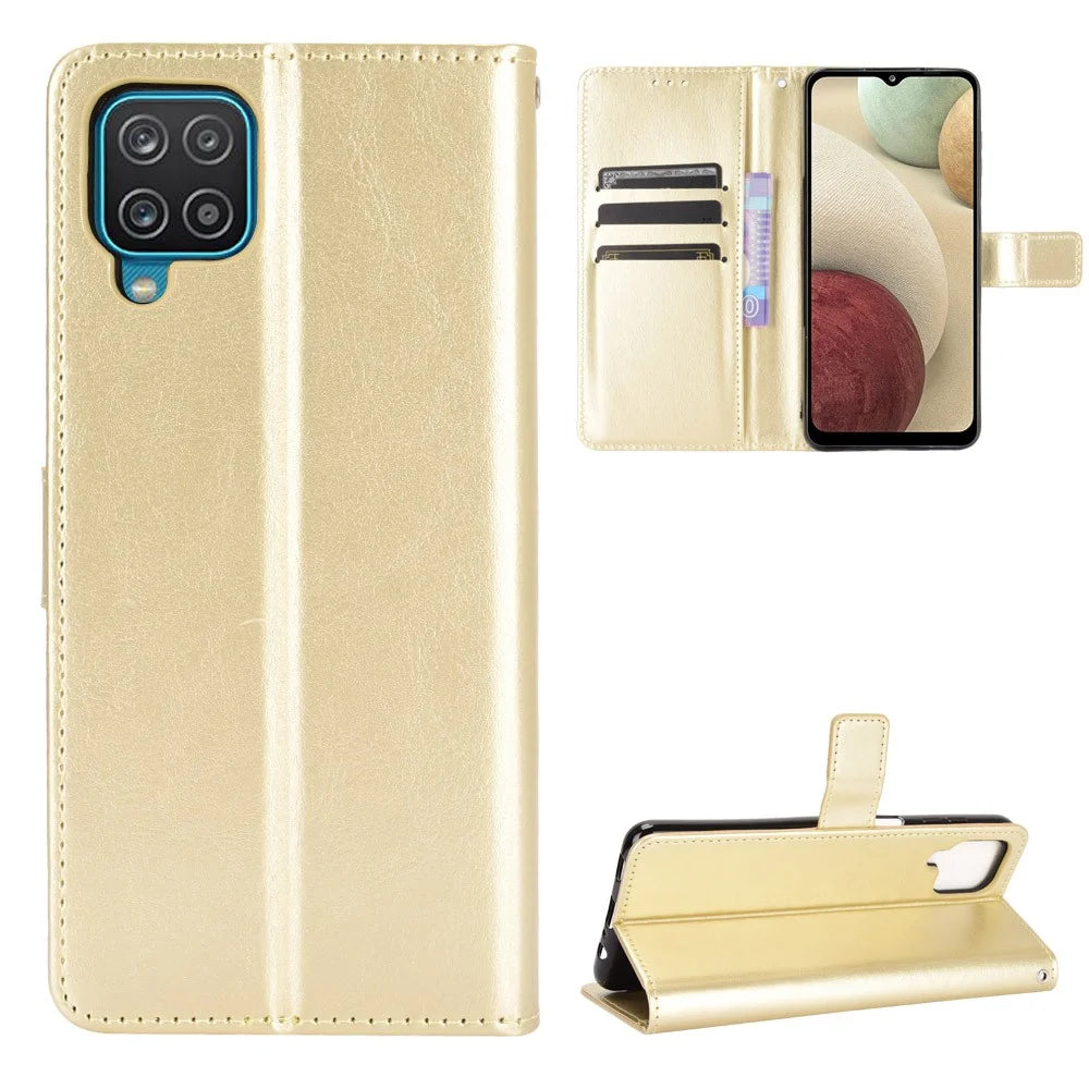 Crazy Horse Wallet Stand Leather Shell with Strap for Samsung Galaxy A12/M12 - Gold - 1