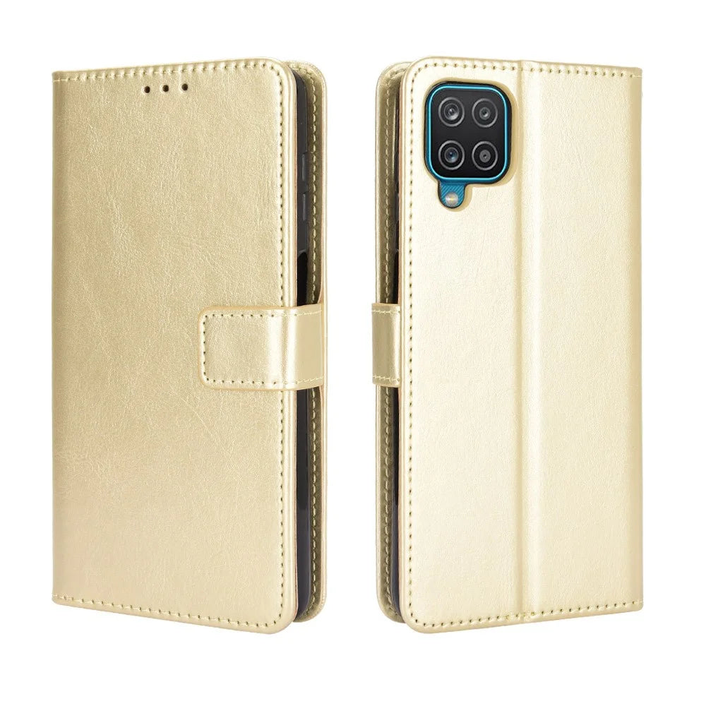 Crazy Horse Wallet Stand Leather Shell with Strap for Samsung Galaxy A12/M12 - Gold - 2