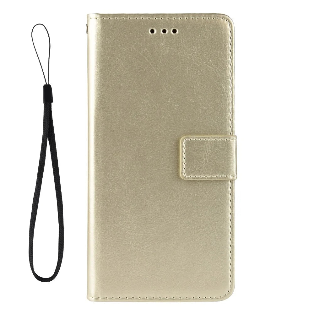 Crazy Horse Wallet Stand Leather Shell with Strap for Samsung Galaxy A12/M12 - Gold - 3