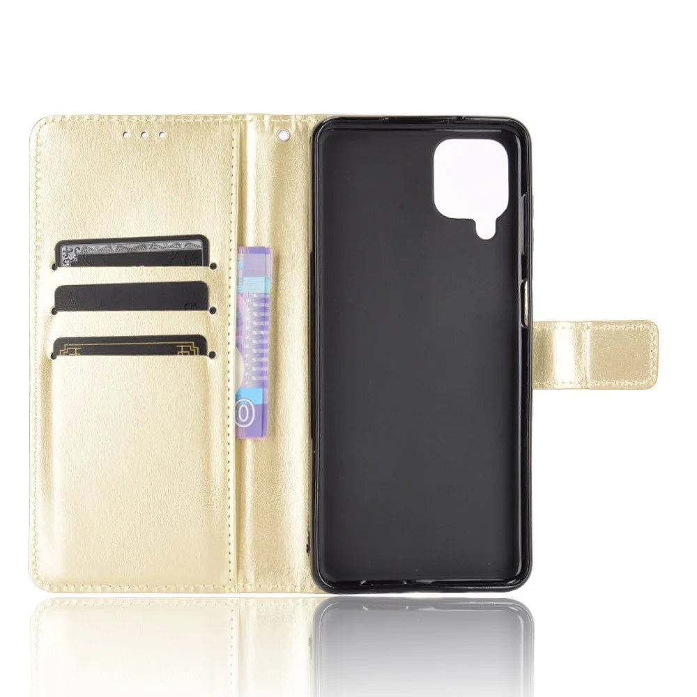 Crazy Horse Wallet Stand Leather Shell with Strap for Samsung Galaxy A12/M12 - Gold - 4