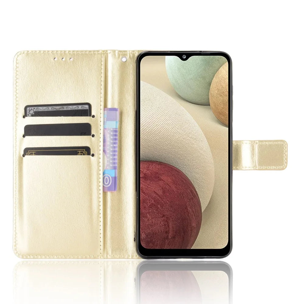 Crazy Horse Wallet Stand Leather Shell with Strap for Samsung Galaxy A12/M12 - Gold - 5