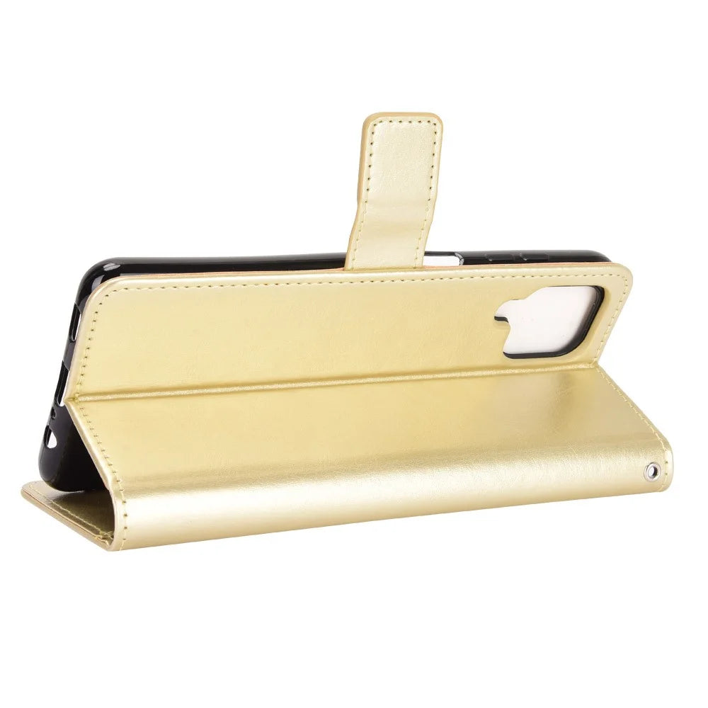 Crazy Horse Wallet Stand Leather Shell with Strap for Samsung Galaxy A12/M12 - Gold - 6