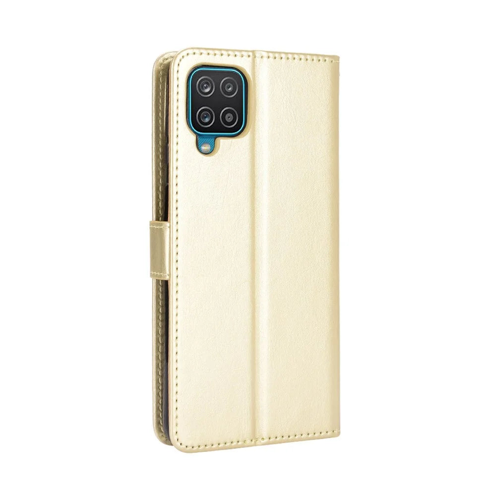 Crazy Horse Wallet Stand Leather Shell with Strap for Samsung Galaxy A12/M12 - Gold - 7