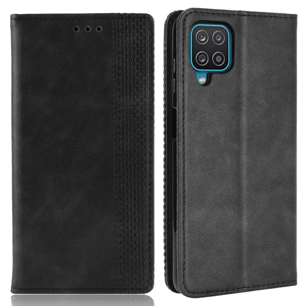 Magnetic Vintage Style Wallet Stand Phone Case Cover for Samsung Galaxy M12 / A12 Cell Phone Case - Black - 1