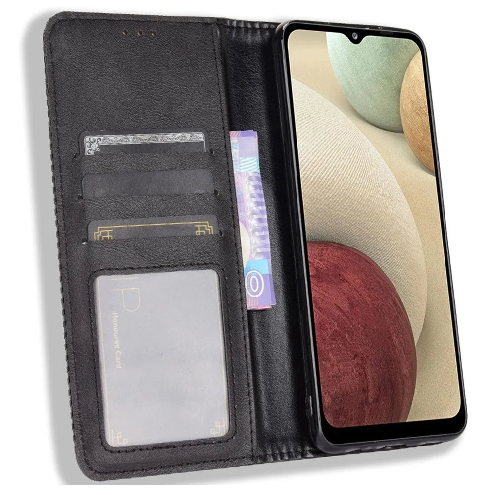 Magnetic Vintage Style Wallet Stand Phone Case Cover for Samsung Galaxy M12 / A12 Cell Phone Case - Black - 2