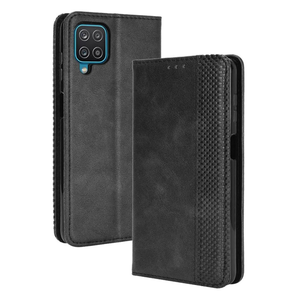 Magnetic Vintage Style Wallet Stand Phone Case Cover for Samsung Galaxy M12 / A12 Cell Phone Case - Black - 7