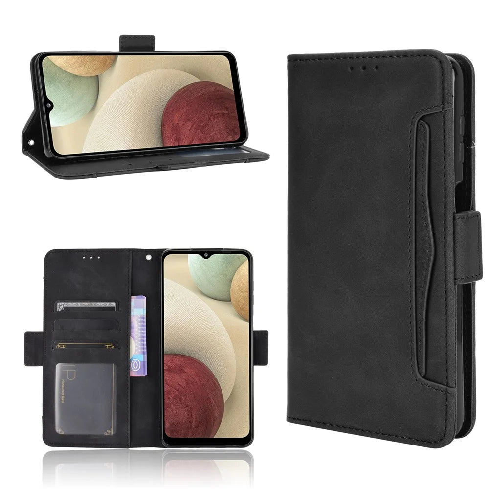 For Samsung Galaxy M12 / A12 Multiple Card Slots Protective Cover Stand Leather Case - Black - 1