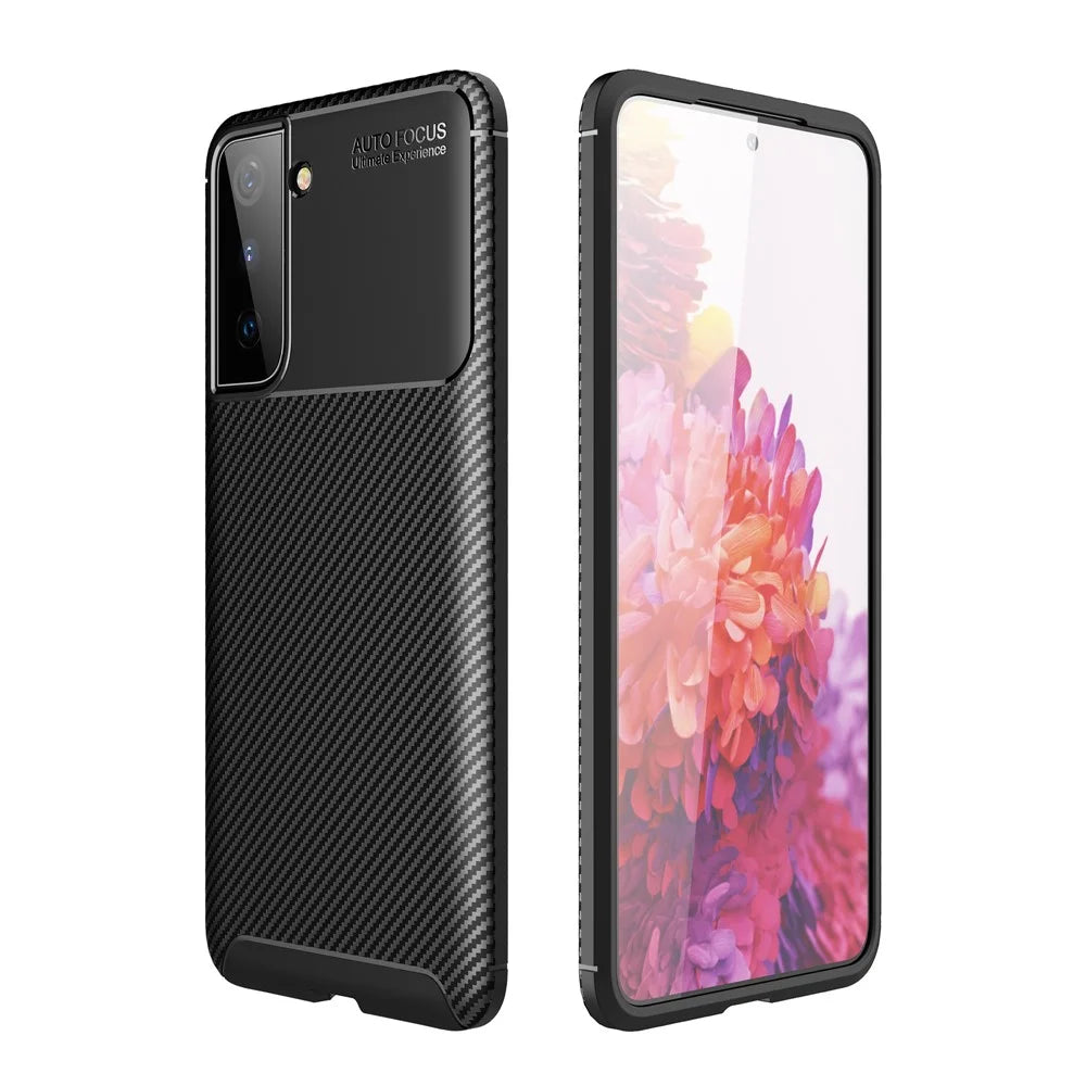 Shock Absorption Carbon Fiber TPU Phone Protector Case for Samsung Galaxy S21 4G/5G Cell Phone Accessory - Black - 1