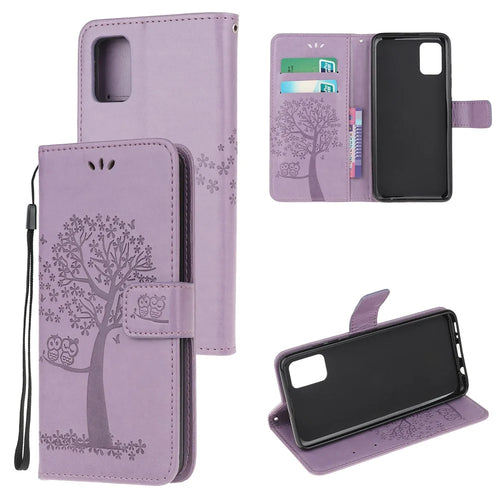 Imprint Tree Owl Pattern Leather Stylish Wallet Case for Samsung Galaxy A02s (164.2mm) - Purple - 1