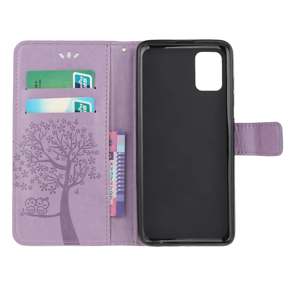 Imprint Tree Owl Pattern Leather Stylish Wallet Case for Samsung Galaxy A02s (164.2mm) - Purple - 5