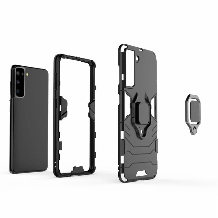 PC + TPU Combo Hybrid Case with Ring Holder Kickstand for Samsung Galaxy S21 4G/5G - Black - 3