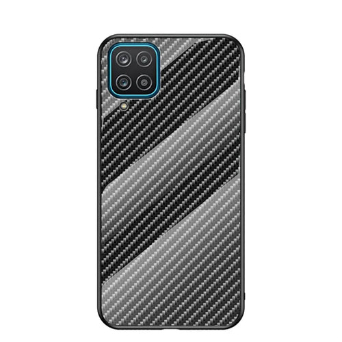 Tempered Glass Phone Cover Case with Carbon Fiber Design for Samsung Galaxy A12 - Black Fiber - 1