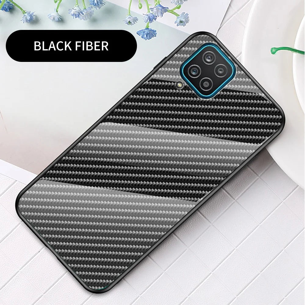 Tempered Glass Phone Cover Case with Carbon Fiber Design for Samsung Galaxy A12 - Black Fiber - 3