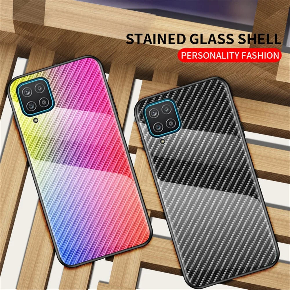 Tempered Glass Phone Cover Case with Carbon Fiber Design for Samsung Galaxy A12 - Black Fiber - 4
