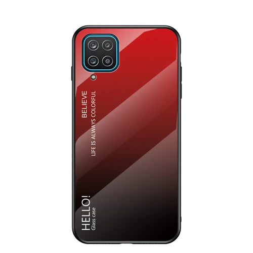 TPU Frame + Tempered Glass Color Gradient Pattern Cell Phone Back Case for Samsung Galaxy A12 - Red/Black - 1