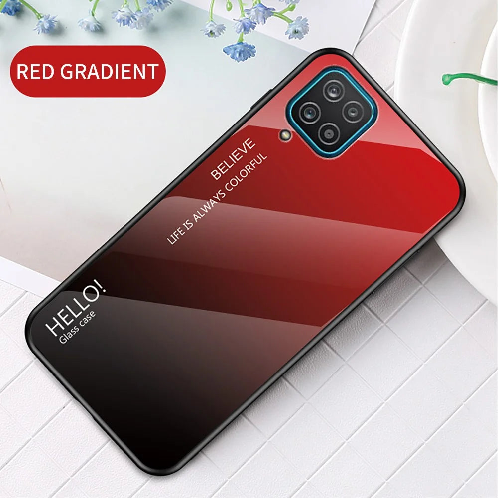 TPU Frame + Tempered Glass Color Gradient Pattern Cell Phone Back Case for Samsung Galaxy A12 - Red/Black - 2