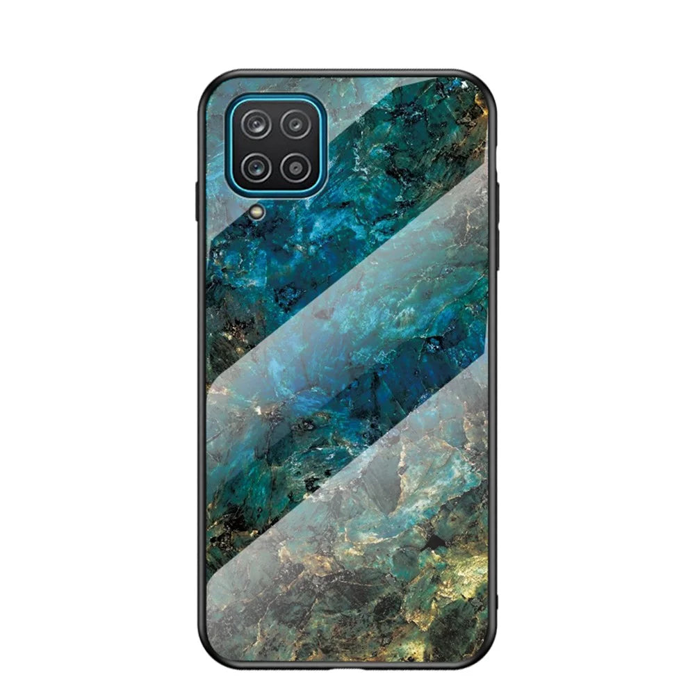 For Samsung Galaxy A12 Tempered Glass + PC + TPU Cell Phone Case Marble Patter Design Scratch Resistant Cover - Emerald Marble - 1