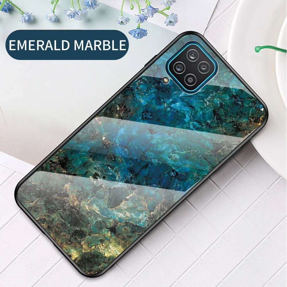For Samsung Galaxy A12 Tempered Glass + PC + TPU Cell Phone Case Marble Patter Design Scratch Resistant Cover - Emerald Marble - 2