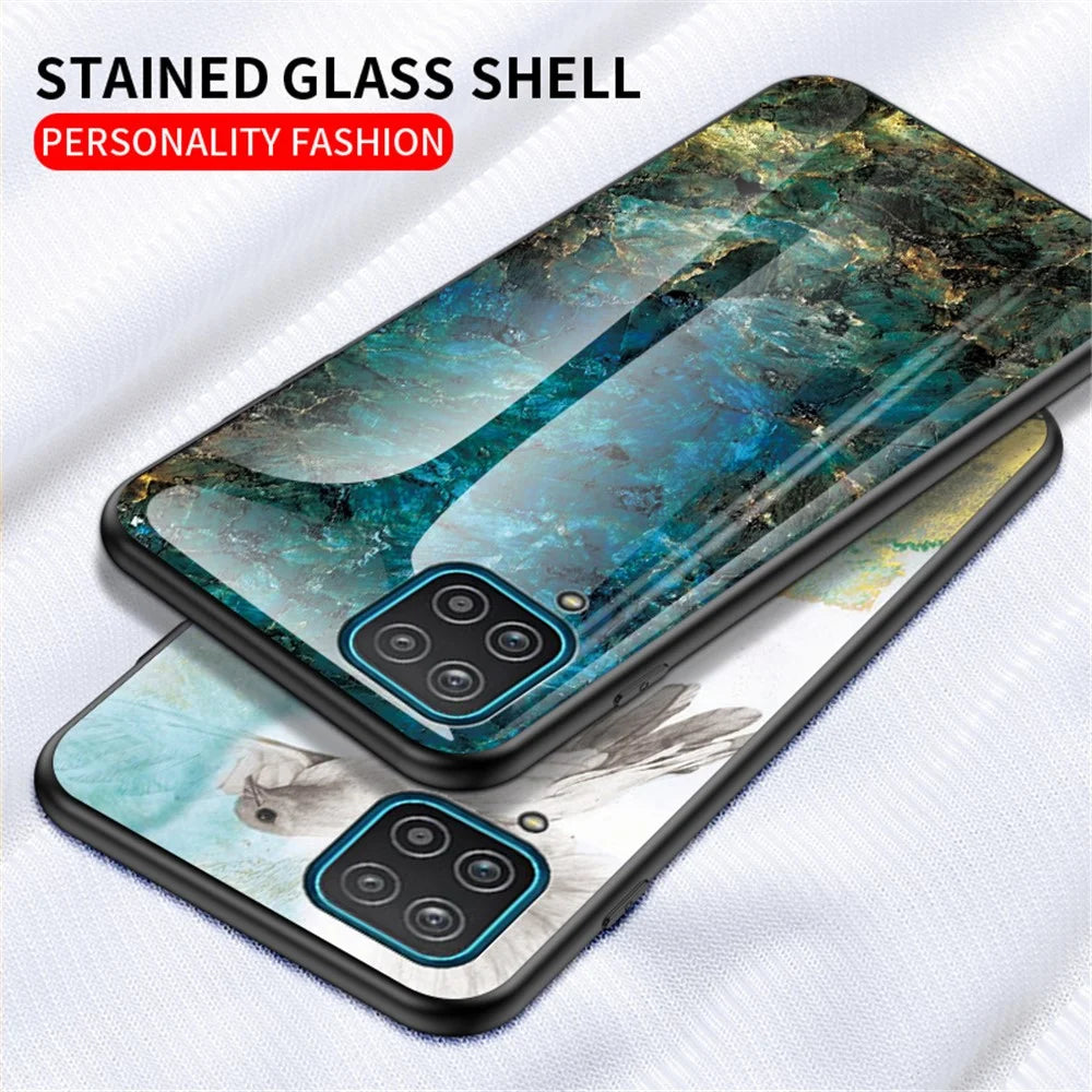 For Samsung Galaxy A12 Tempered Glass + PC + TPU Cell Phone Case Marble Patter Design Scratch Resistant Cover - Emerald Marble - 3