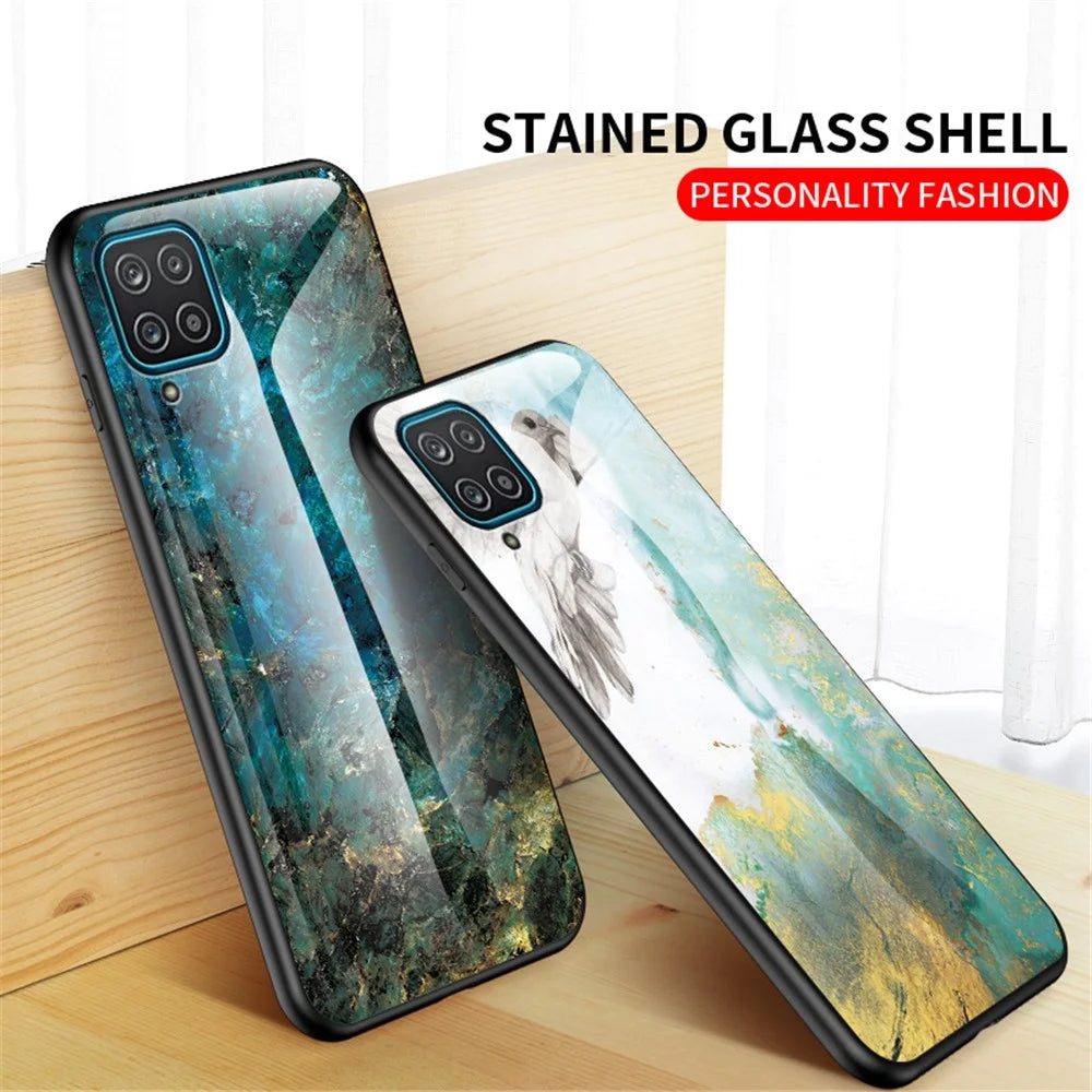 For Samsung Galaxy A12 Tempered Glass + PC + TPU Cell Phone Case Marble Patter Design Scratch Resistant Cover - Emerald Marble - 4