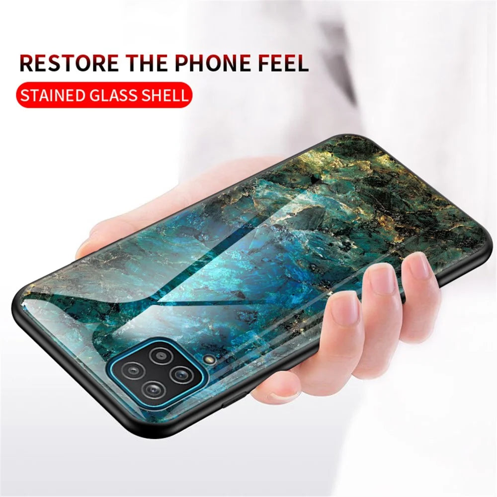 For Samsung Galaxy A12 Tempered Glass + PC + TPU Cell Phone Case Marble Patter Design Scratch Resistant Cover - Emerald Marble - 5