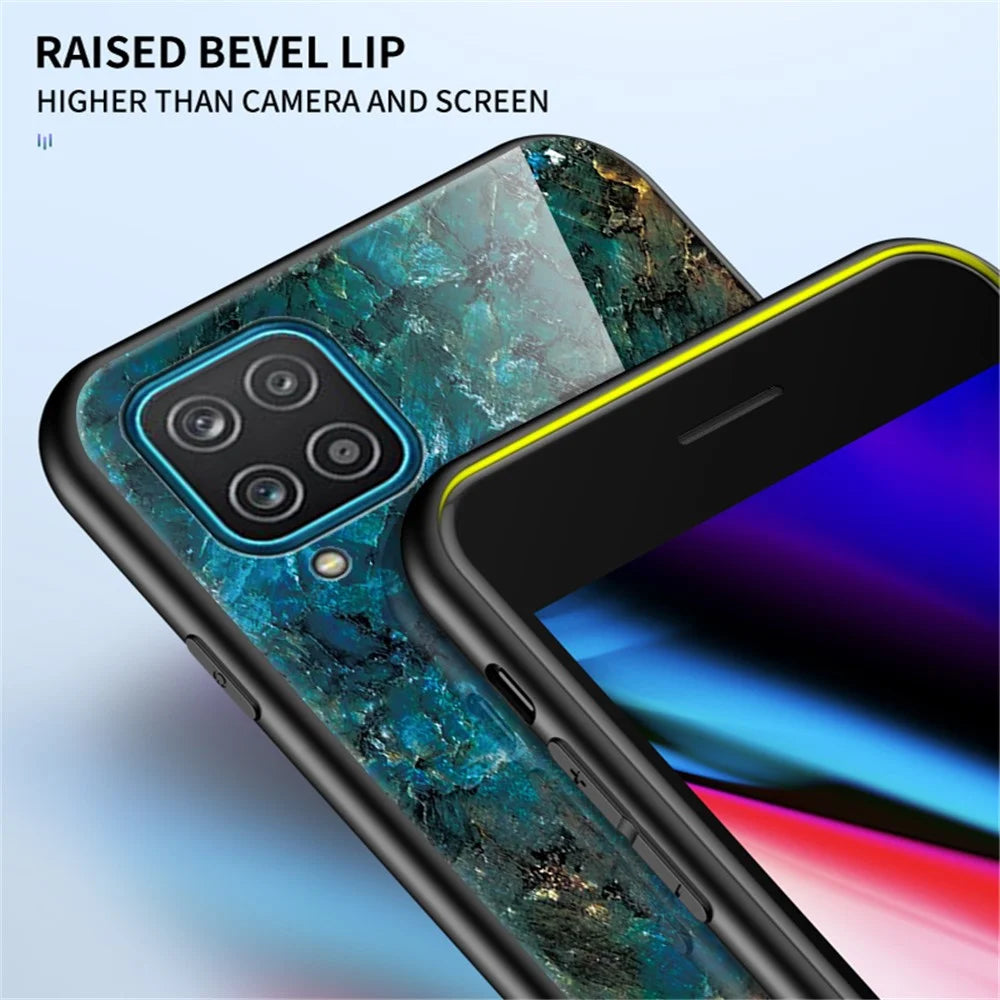 For Samsung Galaxy A12 Tempered Glass + PC + TPU Cell Phone Case Marble Patter Design Scratch Resistant Cover - Emerald Marble - 7