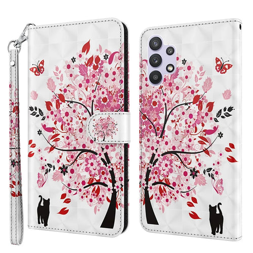 Stand Leather Case for Samsung Galaxy A32 5G / M32 5G Pattern Printing Cover with Lanyard - Cat and Tree - 1