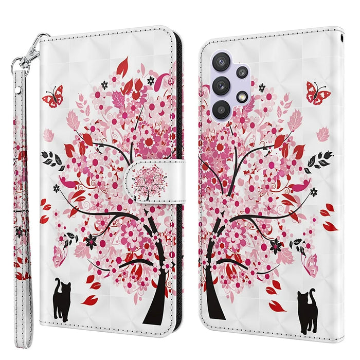 Stand Leather Case for Samsung Galaxy A32 5G / M32 5G Pattern Printing Cover with Lanyard - Cat and Tree - 1