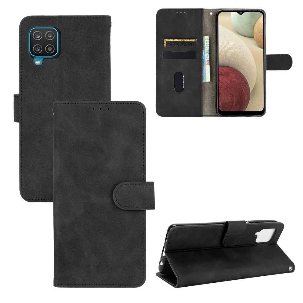 Skin-touch Leather Shell for Samsung Galaxy A12/M12 Wallet Phone Cover - Black - 1
