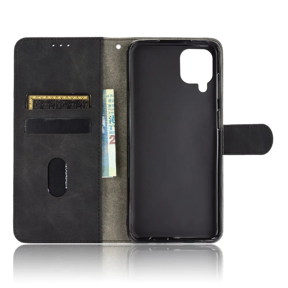 Skin-touch Leather Shell for Samsung Galaxy A12/M12 Wallet Phone Cover - Black - 3