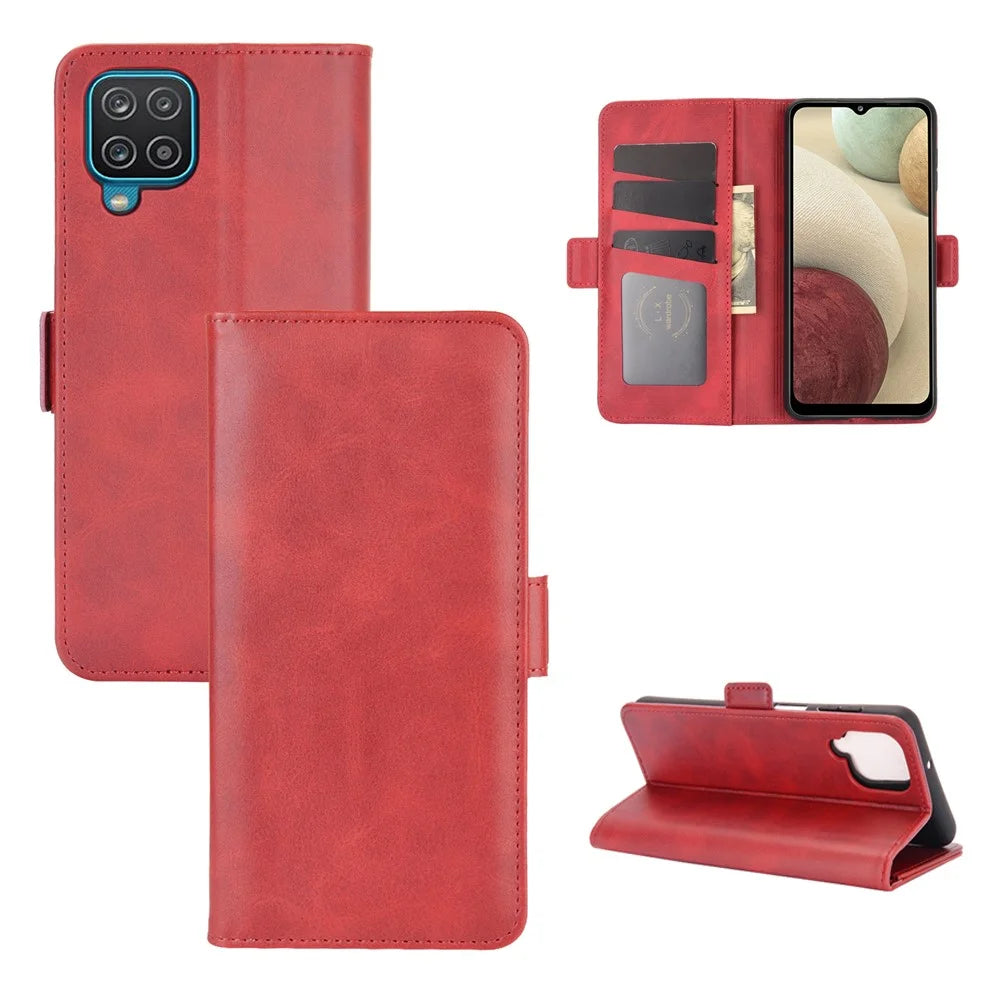 Double Clasp Flip Magnet Leather Cover for Samsung Galaxy A12 Wallet Stand Design Phone Cover - Red - 1