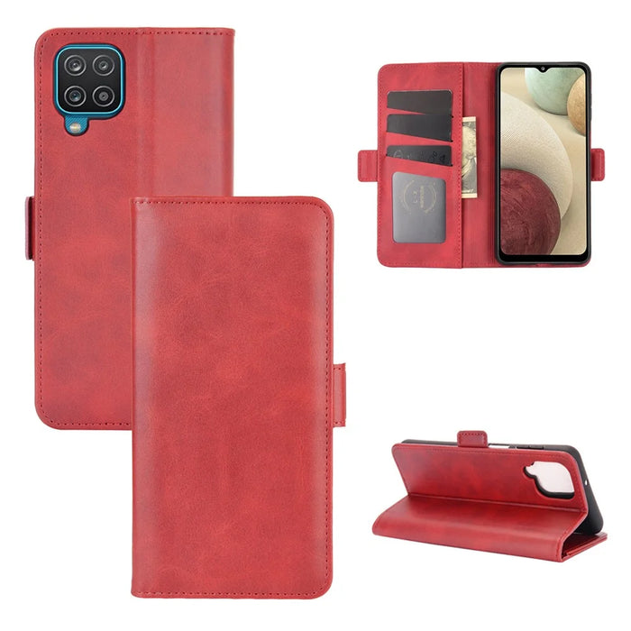 Double Clasp Flip Magnet Leather Cover for Samsung Galaxy A12 Wallet Stand Design Phone Cover - Red - 1