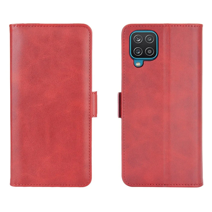 Double Clasp Flip Magnet Leather Cover for Samsung Galaxy A12 Wallet Stand Design Phone Cover - Red - 2