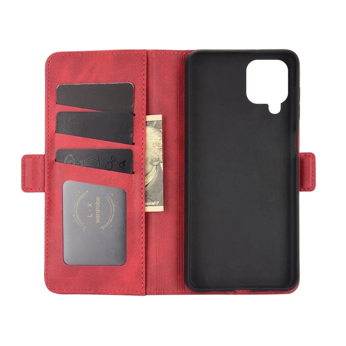 Double Clasp Flip Magnet Leather Cover for Samsung Galaxy A12 Wallet Stand Design Phone Cover - Red - 3