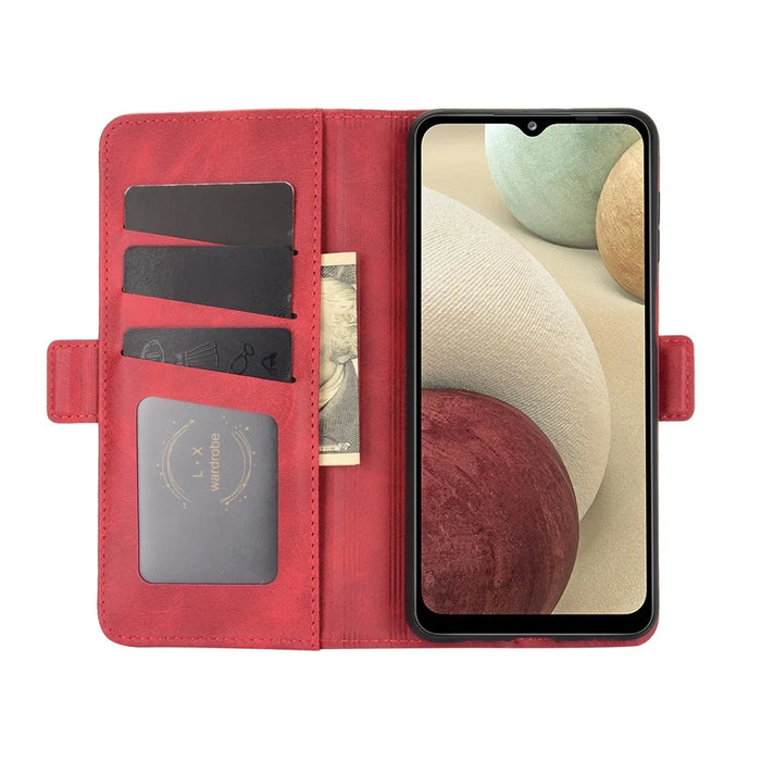 Double Clasp Flip Magnet Leather Cover for Samsung Galaxy A12 Wallet Stand Design Phone Cover - Red - 4