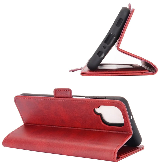 Double Clasp Flip Magnet Leather Cover for Samsung Galaxy A12 Wallet Stand Design Phone Cover - Red - 5