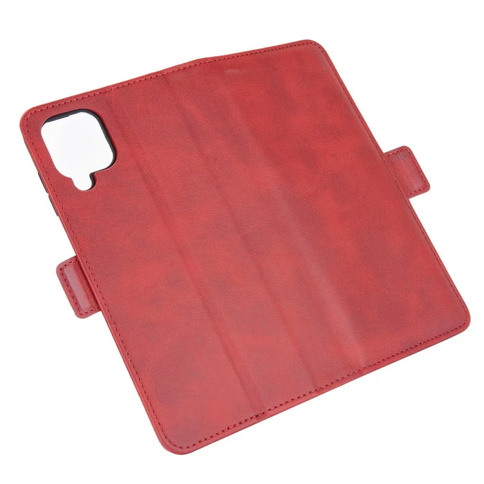 Double Clasp Flip Magnet Leather Cover for Samsung Galaxy A12 Wallet Stand Design Phone Cover - Red - 6