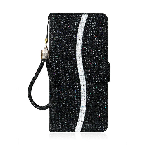 Glittery Powder Splicing Wallet Stand Leather Phone Cover for Samsung Galaxy S21 4G/5G - Black - 1