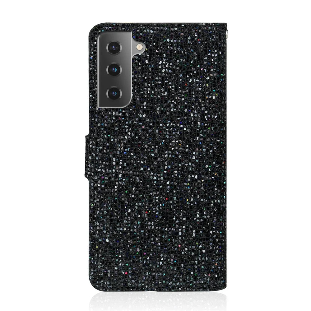 Glittery Powder Splicing Wallet Stand Leather Phone Cover for Samsung Galaxy S21 4G/5G - Black - 2