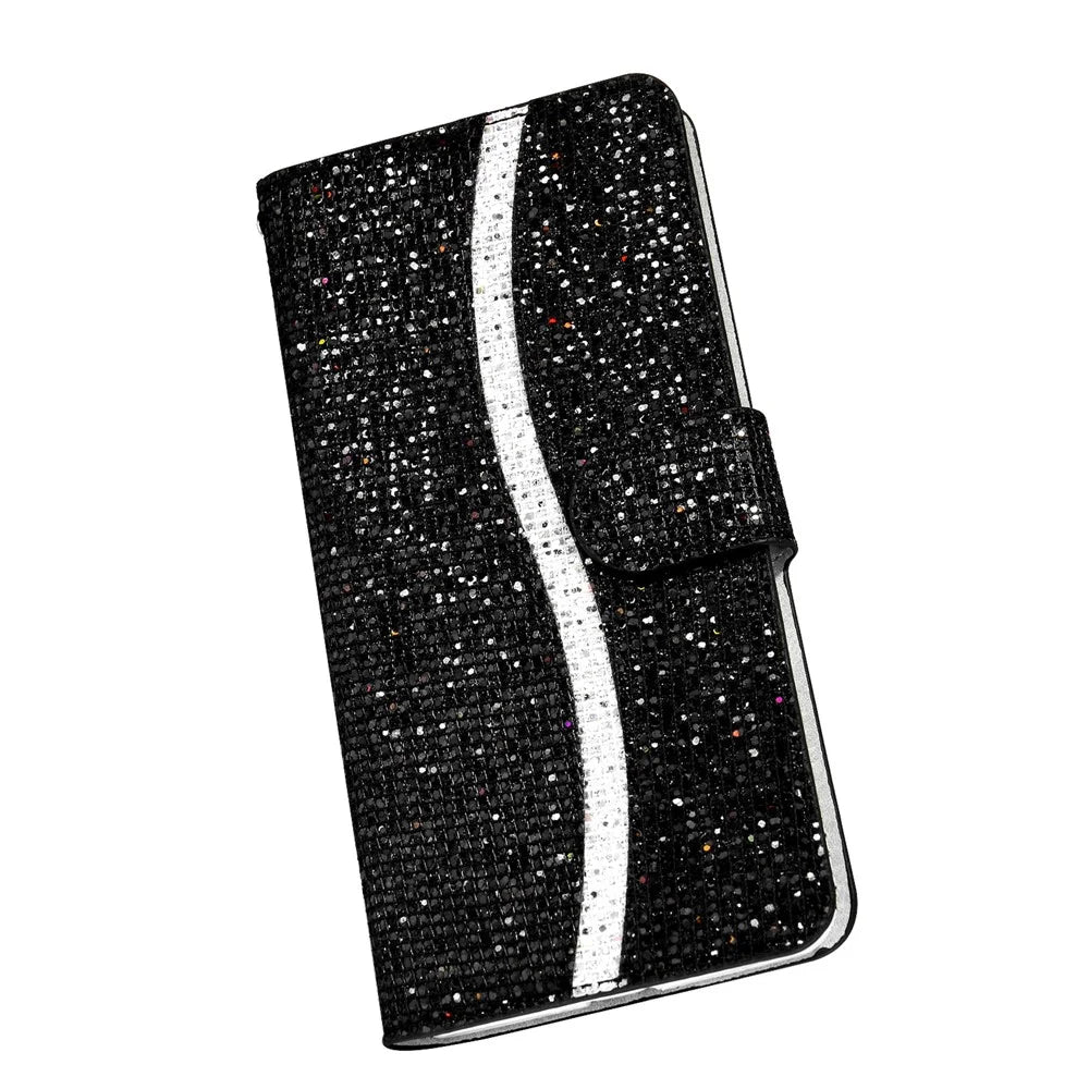 Glittery Powder Splicing Wallet Stand Leather Phone Cover for Samsung Galaxy S21 4G/5G - Black - 5