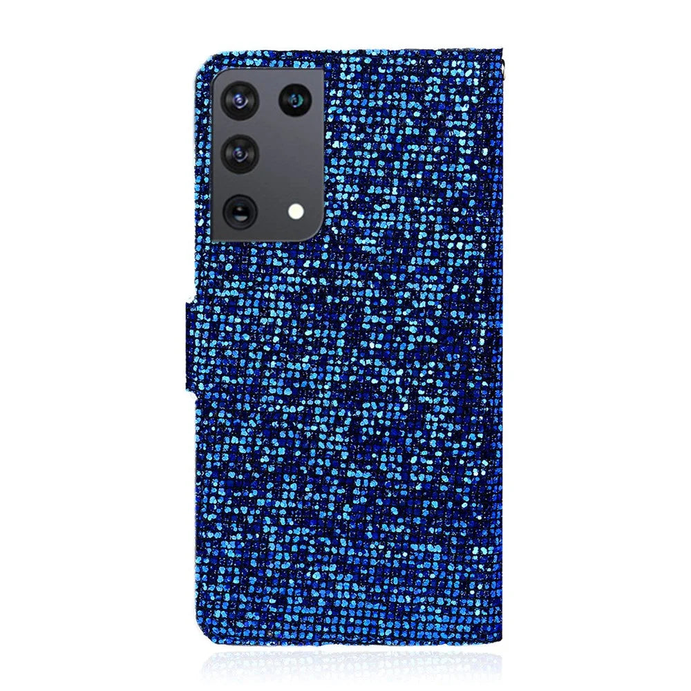 Glittery Powder Splicing Wallet Stand Leather Phone Cover for Samsung Galaxy S21 Ultra 5G - Blue - 2