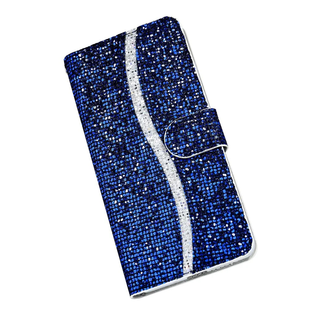 Glittery Powder Splicing Wallet Stand Leather Phone Cover for Samsung Galaxy S21 Ultra 5G - Blue - 5