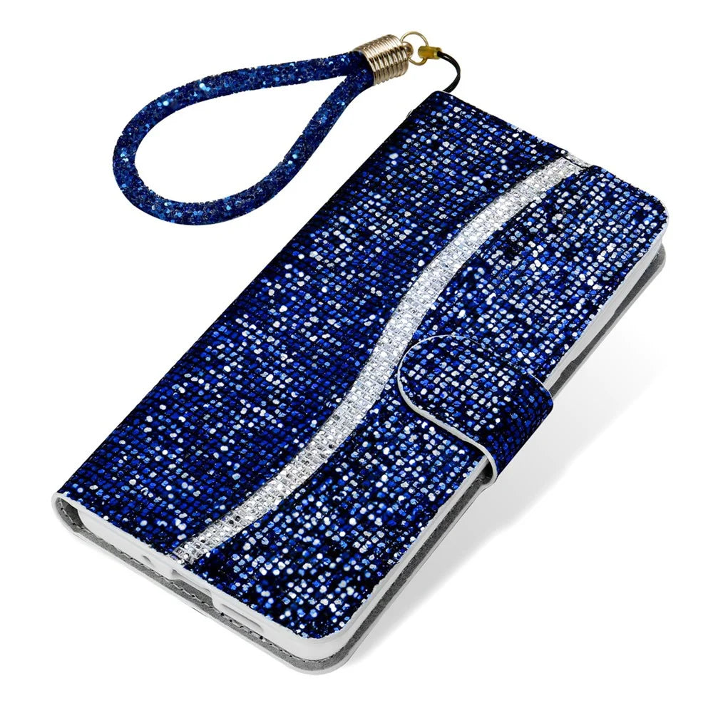 Glittery Powder Splicing Wallet Stand Leather Phone Cover for Samsung Galaxy S21 Ultra 5G - Blue - 6